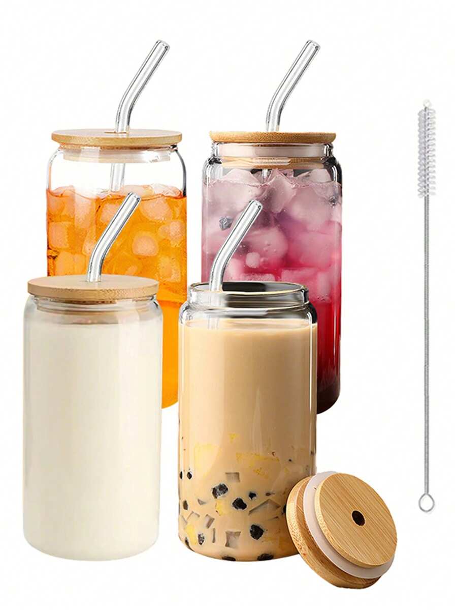 4/6pcs, 500ml/16.8oz Glass Cups, Transparent Glass Coffee Cups, Iced Coffee Cups, With Lids, Straws, Straw Brushes, Reusable, Suitable For Coffee, Milk Tea, Juice, Suitable For Various Scenarios Such As Restaurants, Bars, Commercial Use, Etc - 4個杯子+4個蓋子+4個吸管+4個吸管刷 - 查看 1