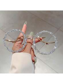 1 Piece Women's New Full Frame Round Luxury Glasses Exquisite Metal Frame Large-Studded Unique Men's MUNC - 金白色 - 查看 8