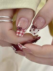 10片装纯色按压式美甲贴片，长款棺材形美甲，酒红色系列，手绘格子爱心法式波点立体红色蝴蝶结装饰，温柔优雅可爱，适合女士和女孩春夏秋冬节日派对及日常生活美甲用品，手工按压式美甲贴片 - 紅白色 - 查看 4