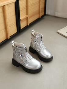 冬季儿童经典闪亮女童表演靴，厚底拉链踝靴，适合3-10岁女孩 - 銀色 - 查看 4
