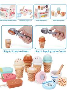 儿童木制冰淇淋柜台玩具套装，幼儿女孩玩具厨房玩具套装过家家礼物，适合 3 4 5 6 岁女孩或男孩，食物舀取和盛放玩具，适合 3-8 岁儿童的玩具厨房套装