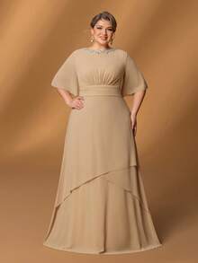 Faeriesty Mosy Plus Mother Of The Bride Dress Featuring Round Neck With Rhinestone Details, Flattering Ruffled Half Sleeves And Gorgeous A-Line Skirt – Perfect For Upscale Evening Galas, Luxurious Family Reunions, Sacred Church Ceremonies, Prestigious Social Events
