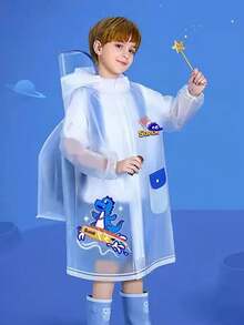 1PCS Hot Upgrade Zipper Translucent Matte Little Dinosaur Children's Raincoat Baby Kindergarten Primary School Students Cartoon Raincoat Plus Schoolbag Space Boys And Girls Raincoat - 藍色 - 查看 3