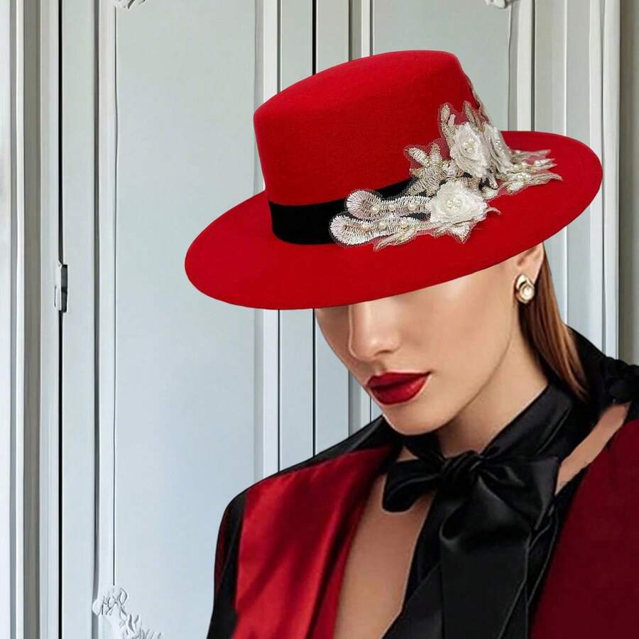 Womens Fedora Hat Stylish Elegant Decorative Flower Panama Hat Wide Flat Brim Jazz Cap - 紅色 - 查看 1