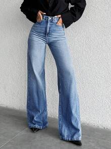 Jeans azul lavado de unicolor de talle alto, jeans con bolsillos diagonales sueltos con cremallera y botón para abrir y cerrar, jeans y ropa de mujer - Lavado ligero - Ver 2