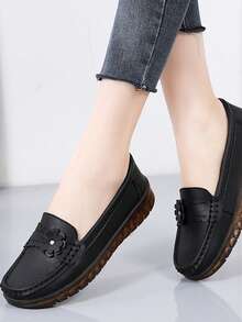 Fall/Winter Women's Black Floral Embellished Loafers, Elegant And Ceremonial, Comfortable Soft-Soled Flat Shoes