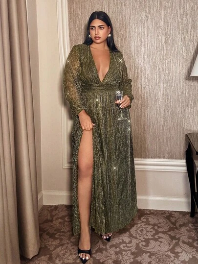 Vestido de fiesta de talla grande Doriss Delicate con abertura en la falda, cintura marcada, escote en V profundo y mangas farol. Elegante, adecuado para ir a trabajar, vacaciones, ocasiones románticas y bodas. Atuendo de otoño e invierno, Halloween, estilo Kendall, primavera