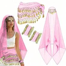 4 件套肚皮舞套装肚皮舞雪纺臀巾、头巾腕带舞蹈配饰带金币 - 彩色 - 查看 20