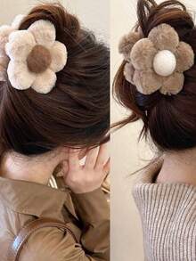 1 peça de acessório de cabelo com fecho coberto de tecido para meninas com lindas flores, presilha de cabelo para outono e inverno, acessórios de cabelo com garra para mulheres, para roupas de férias, presilhas de cabelo fofas com garra de pele, presilha de cabelo de pelúcia para inverno - multicolorido - Ver 10