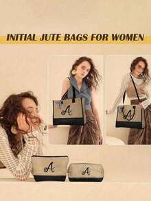 字母帆布手提袋套装，包含化妆包、洗漱包、钱包和个性化礼品袋，时尚休闲单肩包，适合婚礼、生日、海滩、度假、节日、上学等场合，是送给女性、妈妈、老师和朋友的绝佳礼物。 - 彩色 - 查看 3