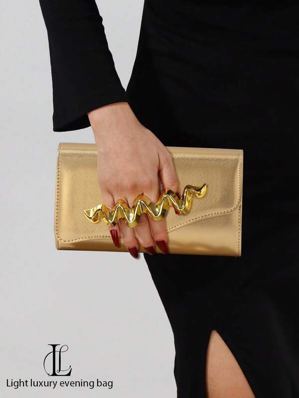 1 pieza Bolso de mano de noche con asa de metal de moda retro para mujer, bolso con solapa de PU brillante de lujo con decoración de metal, correa de cadena de metal desmontable, adecuado para bodas, fiestas, bailes de graduación, discotecas y ocasiones formales