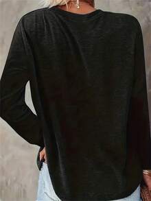 1 Piece Of Printed Round Neck T-Shirt, Casual Long Sleeve Comfortable Daily Wear Top, Suitable For Spring And Autumn, Women's Classic Versatile - 灰色的 - 查看 8