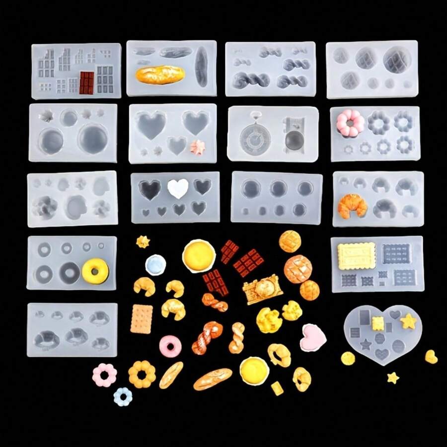 16 Piece Mini Food Themed Silicone Mold Set, Suitable For Resin Crafts - Epoxy Resin Casting, Croissants, Donuts, Macarons, And Cream Puff Shapes - DIY Baking And Chocolate Molds, Suitable For Clay Modeling, Sugar Flipping, Soap Making, And Cake Decoration - 16pcs - 查看 1
