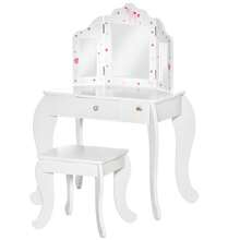 HOMCOM Toeletta per Bambini con Sgabello in Legno, Tavolo Trucco con Triplo Specchio, 63x40x85.5cm - Rosa - Visualizzare 2