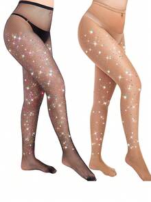 1/2 Pairs Sexy Shiny Fishnet Stockings & High Waist Rhinestone Fishnet Leggings, Women Party Tights