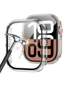 透明时尚休闲 PC 智能手表表壳，带钢化玻璃屏幕保护膜，纤薄设计，兼容 Series 1-8、SE、Ultra 38/40/41/42/44/45/46/49 毫米 - 透明+glass-film - 查看 1