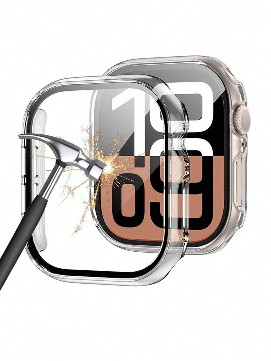 透明时尚休闲 PC 智能手表表壳，带钢化玻璃屏幕保护膜，纤薄设计，兼容 Series 1-8、SE、Ultra 38/40/41/42/44/45/46/49 毫米 - 透明+glass-film - 查看 1