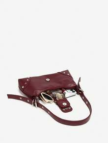 1 件女式复古 Melade 安哥拉红色做旧皮革豹纹摩托车包，带铆钉扣装饰，单肩包/腋下包/法棍包/方形包，适合工作、通勤、约会、派对 - 酒紅色 - 查看 5