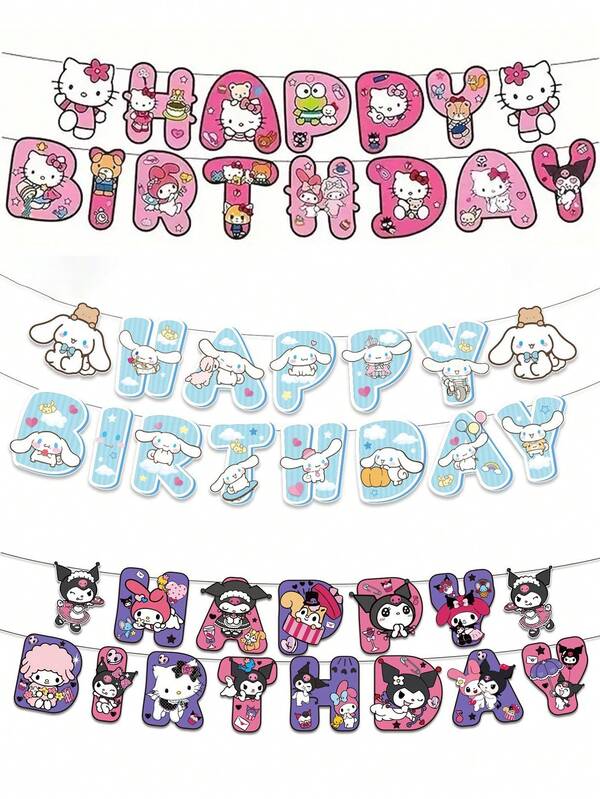 Sanrio 1 Set Sanrio Kuromi-thematische dekorative Wimpelfahnen, süße Hello Kitty Girlande, Kindergeburtstag Hängedekoration, Party Atmosphäre Hängedekoration