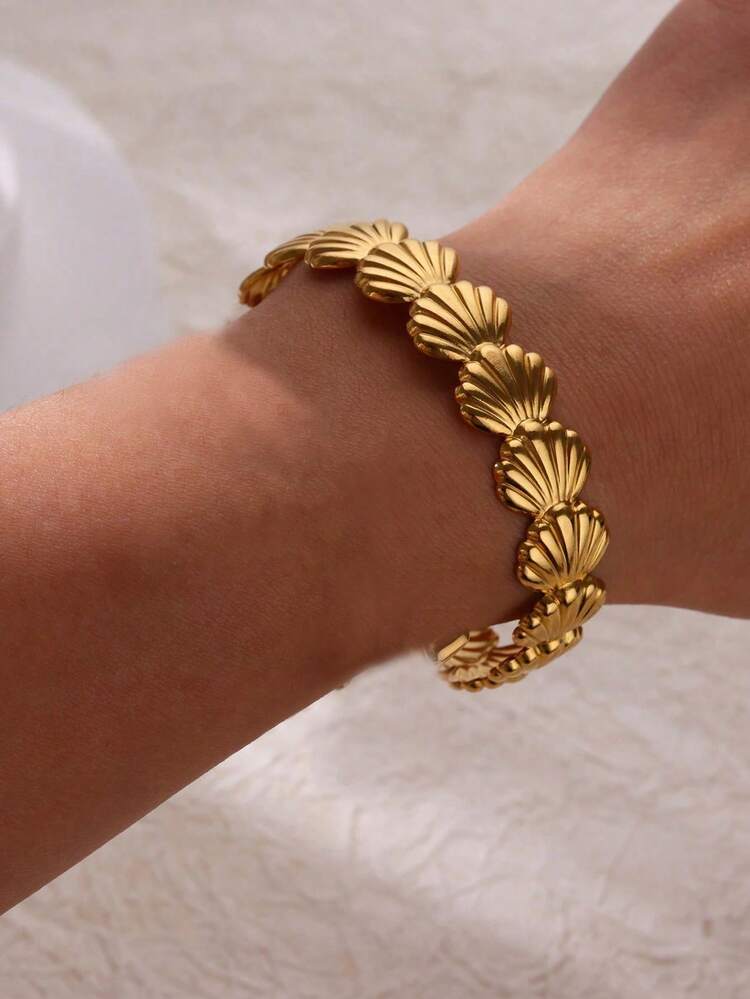 1 件时尚贝壳开口手链适合女士金色不锈钢几何手链海洋系列珠宝生日派对礼物 - 金色 - 查看 12