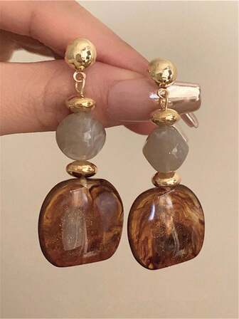 1 Pair Vintage Asymmetrical Tie Dye Acrylic Long Pendant Earrings For Women, European And American Style, Suitable For Party, Banquet, Travel, Wedding, Vacation, Daily Wear, Jewelry Gift