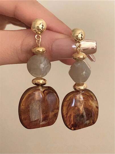 1 Pair Vintage Asymmetrical Tie Dye Acrylic Long Pendant Earrings For Women, European And American Style, Suitable For Party, Banquet, Travel, Wedding, Vacation, Daily Wear, Jewelry Gift