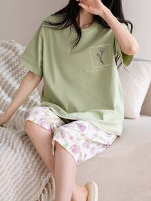 [AICJ Sleepwear]2pcs/Set Women & Girls Casual Simple Cute Cartoon Cat & Letter Print Pink Top, Capri Pants Shorts Or Pajama Pants, Spring/Summer Home Party Vacation Sleepwear Loungewear - Green - View 5