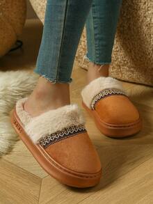 女士仿麂皮绒毛拖鞋，厚底包头拖鞋，冬季时尚户外雪地鞋，一脚蹬休闲拖鞋，带 TPR 防滑外底，适合室内外使用 - 棕色1 - 查看 5