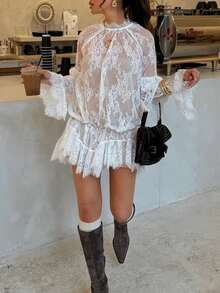 Women's See Through Lace Dress Long Sleeve Crew Neck Casual Loose Sheer Dress Vacation Beach Cocktail Mini Dresses - 白色 - 查看 5