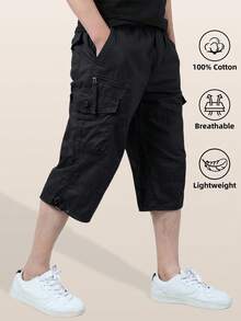 Men's Cotton Hiking Capri Shorts Casual Street 3/4 Length Summer Cargo Cropped Pants Lightweight Below Knee Length Shorts With 7 Pockets, Black - 黑色 - 查看 1