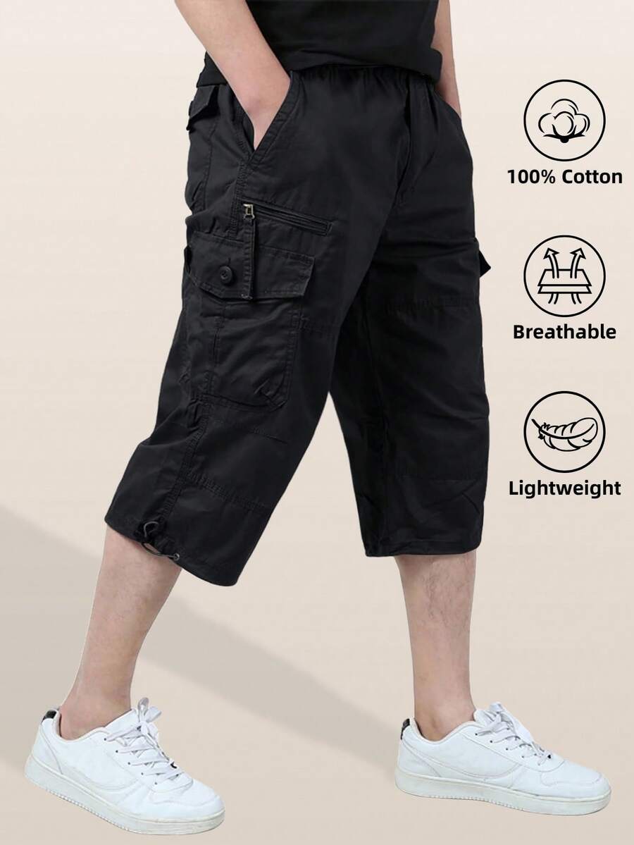 Men's Cotton Hiking Capri Shorts Casual Street 3/4 Length Summer Cargo Cropped Pants Lightweight Below Knee Length Shorts With 7 Pockets, Black - 黑色 - 查看 1