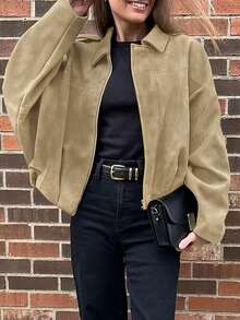 Chaqueta bomber suelta de manga larga de unicolor de felpa para mujer, estilo casual de moda para primavera/otoño - Caqui - Ver 1