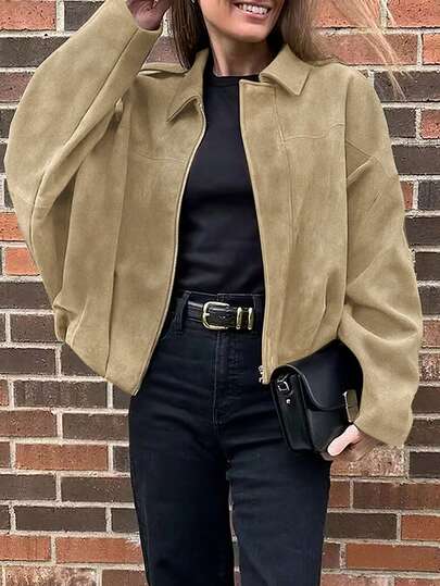 女士春秋时尚休闲羊毛纯色长袖超大蝙蝠袖宽松飞行员夹克