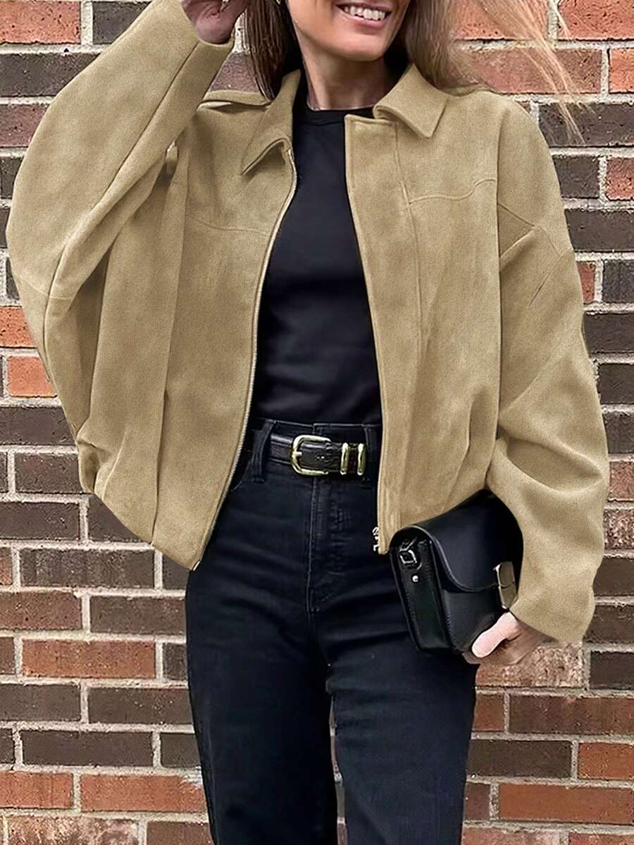 Chaqueta bomber suelta de manga larga de unicolor de felpa para mujer, estilo casual de moda para primavera/otoño - Caqui - Ver 1