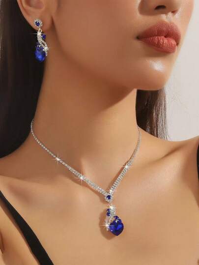 3 pezzi Set di gioielli da donna elegante con collana e orecchini con cristalli a forma di cuore in blu navy e rosso, adatto per abito da sposa, abito da sera, accessori da sposa