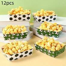 12pcs Football Party Food Tray -White&Green Football Pattern, Foldable Paper Tray, Suitable For Birthday Parties, Theme Parties, French Fries, Popcorn Boxes, Party Decorations, Etc