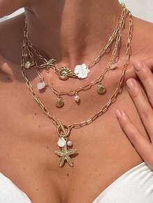 Set de 3 collares de mujer con elementos marinos de moda al estilo Ins, que incluye concha, estrella de mar y caracol, con cadena versátil de perlas y cuentas, un gran regalo