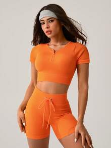 NcmRyu Women's Solid Color Yoga Set - Short Sleeve Crop Top & High Waist Compression Shorts, Ultra-Stretch Quick-Dry Skinny Fit For Summer Yoga, Gym Workouts & Training - 橘色 - 查看 5