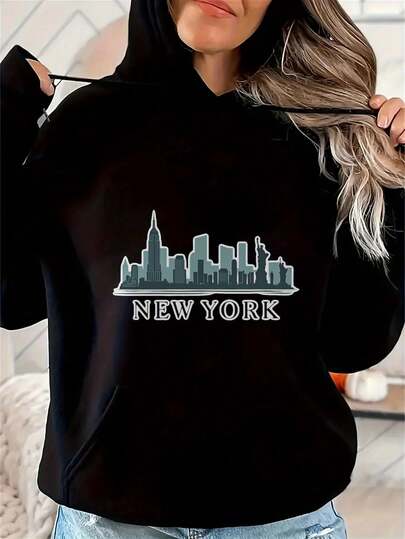 Women'S Black Hoodie With New York City Skyline Print For Casual Wear