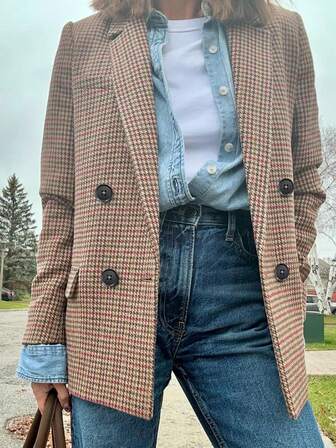 Chaqueta blazer elegante de manga larga con diseño de pata de gallo para mujer, de longitud regular, de tejido tejido, con botones y bolsillos