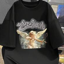 180g Pure Cotton Men's T-Shirt, Y2K Style Angel Cupid Pattern, Regular Version Round Neck Short Sleeves, Suitable For Daily Life And Theme Activities, Comfortable And Breathable, Machine Washable, Suitable For All Seasons, Weekend Style, Street Style, Casual Style, Urban Style, Suitable For Street Enthusiasts - 黑色 - 查看 2
