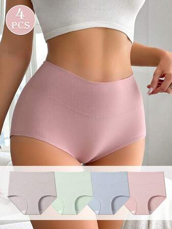 4 件装女式高腰纯色三角裤，休闲舒适简约弹力透气无缝内裤