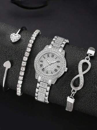4 delar/set lyxigt damur med silverlegeringsarmband, moderiktigt diamantur med romerska siffror och kvartsarmband, lämpligt för daglig outfitmatchning, perfekt present till vänner eller mammor