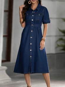 Women's Mid-Length A-Line Denim Shirt Dress With Button Collar & Flap Pockets | Casual Streetwear Button-Up Dress For Everyday Versatility - Rửa tối - Xem 5