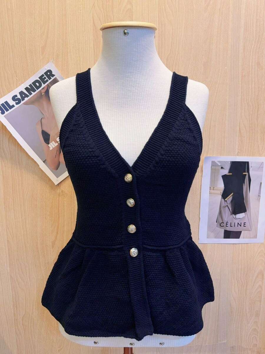 Women's Discreet Blouse With Elegant Button Detail, Women's Fashion - 黑色 - 查看 1