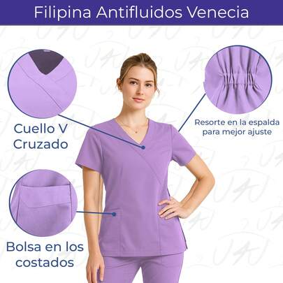 U4U Uniforms Blusa médica Antifluidos para mujer con cuello en V cruzado, manga corta , resorte en la espalda para mejor ajuste, diseño moderno y cómodo con doble bolsillo funcional, ideal para uniformes de enfermería, consultorios, hospitales y clínicas veterinarias