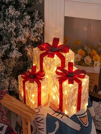 3 Sets Of Christmas Gift Box, Two Styles (Warm Light, White Light), Christmas New String Lights, Festive Gifts Coloured Lights Room Props Layout Decorative Lights (Christmas Decorations)