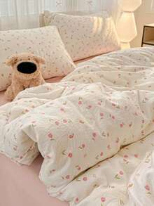 4pcs Romantic Tulip Floral Bedding Set (1*Duvet Cover + 1*Flat Sheet + 2*Pillowcases), Butterfly Print, Pink Sheet, Monet Garden, Sweet Home Decor, Machine Washable, All Season (No Filling) - Dusty Pink - View 5