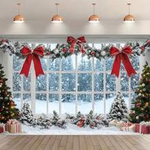 1 Piece Of Festive Window Snow And Tree Design Background Cloth, Suitable For Holiday Parties, Weddings, Birthday Parties, Photo Booths, Family Gatherings, Holiday Gifts, New Year Decorations, Bedroom, Living Room, Garden And Outdoor Decoration, Event Display, Christmas Decoration Products