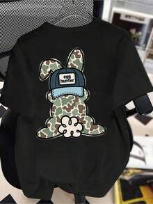 1 PCS Boys Camouflage Bunny Graphic T-Shirt, Black Casual Style Shirts With "Egg Hunter" Hat Bunny Design, Boys Spring/Summer/Fall Clothes, Halloween & Christmas & Thanksgiving Day & Easter & New Year & Spring Festival, Kids Round Neck Printed Short Sleeve Casual Everyday T-Shirt, Boys & Girls Graphic Tees, Excellent Easter Gifts For Friends And Brothers. - 黑色 - 查看 3